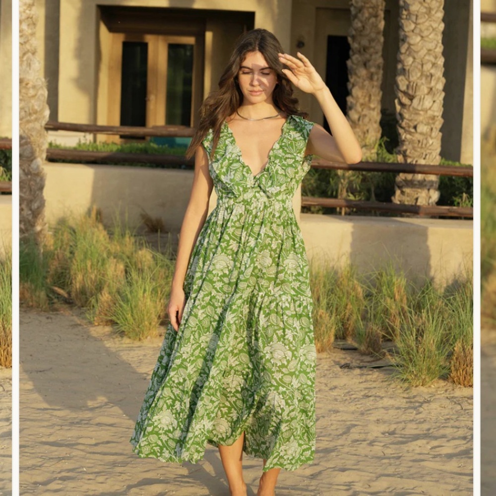 House of Sundar Block Print Floral Green Maxi Dress